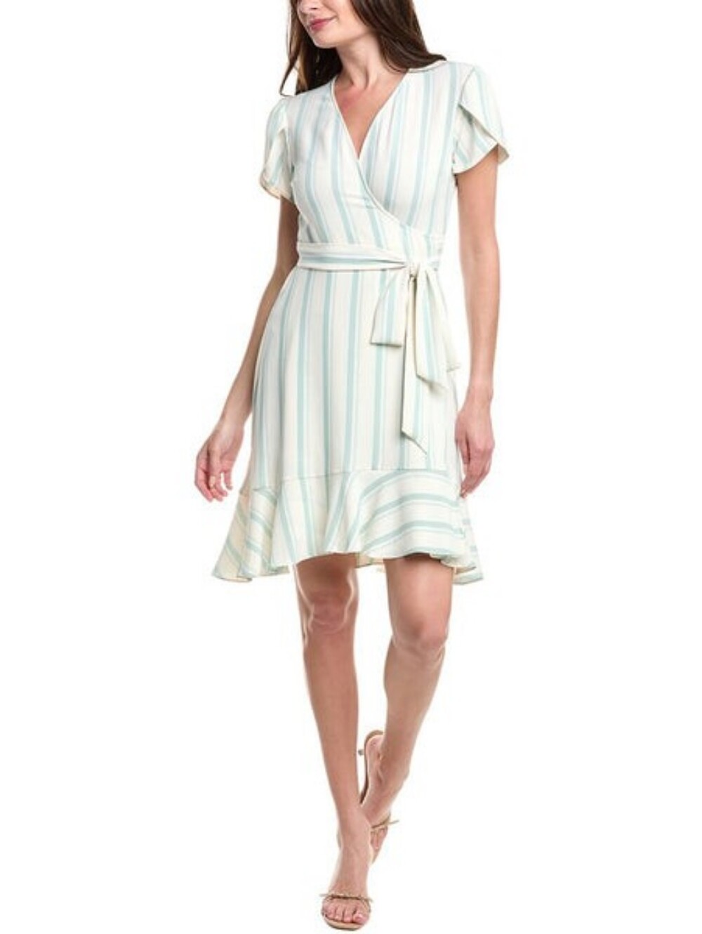Cabi Women's Mint Green and White Striped Wrap Mini Dress Size Small